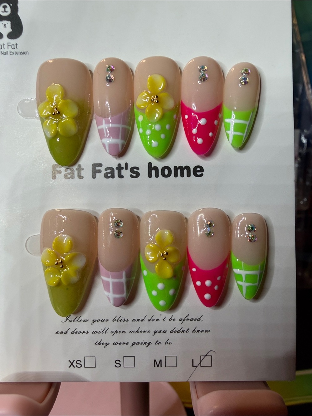 Floral Neon French Press-On Nails - Pink, Green, Yellow